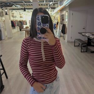 Workshop Republic Clothing Burgundy Striped Long Sleeve Top